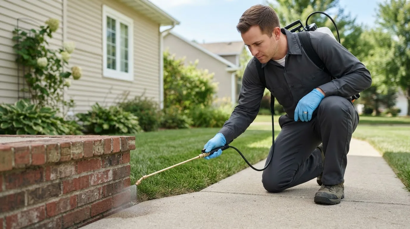 Pest control technician treating a home near Howell, UT